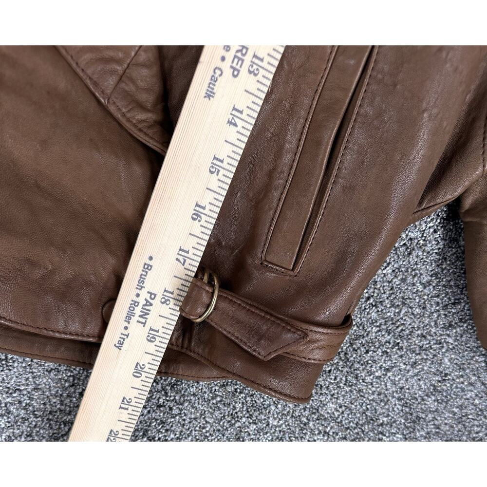 Womens Brown Soft Leather Cropped Biker Bomber Jacket Sz L Mexico Lapel Buckles - Picture 4 of 6